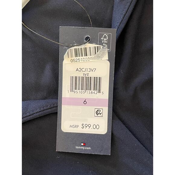 NWT Tommy Hilfiger Dress Sz 6 Collared TwistFront Midi Formal Black Navy Stretch - Picture 4 of 9